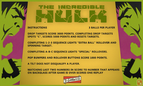 More information about "The Incredible Hulk (1979 Gottlieb) Instruction Card"
