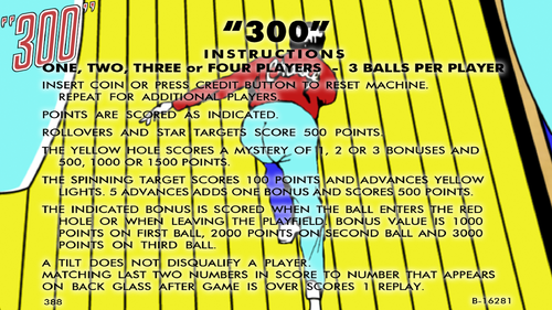 More information about "300 (Gottlieb 1975) Instruction Card"