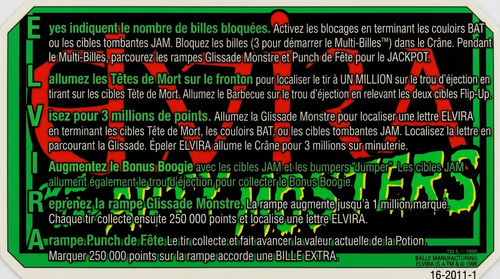 More information about "Carte d'instructions / Règles en Français de Elvira and the Party Monsters (Bally 1989)"