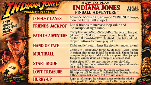 More information about "Indiana Jones The Pinball Adventure (Williams 1993) Instruction Card / Rules"