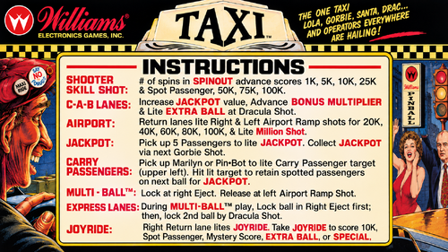 More information about "Taxi (Williams 1988) Instruction Card / Rules"