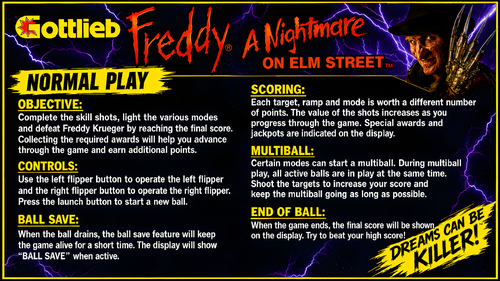 More information about "Freddy A Nightmare On Elm Street (Gottlieb 1994) Instruction Card / Rules"