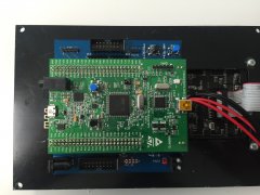 pin2dmd / go-dmd V3 shield mounted on a p2.5 panel with stm32f4 discovery board attached